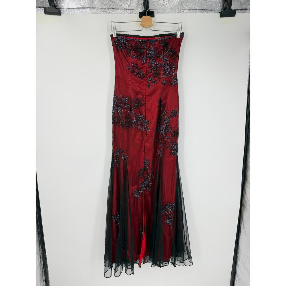 Vintage Cache Strapless Beaded Burgundy Black Evening Gown Mesh Dress Whimsygoth - Picture 5 of 16